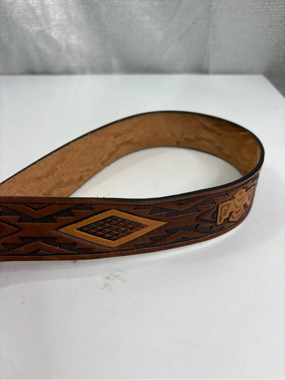 Thunderbird Eagle Tooled Brown Leather Belt with Diamond Pattern size 42